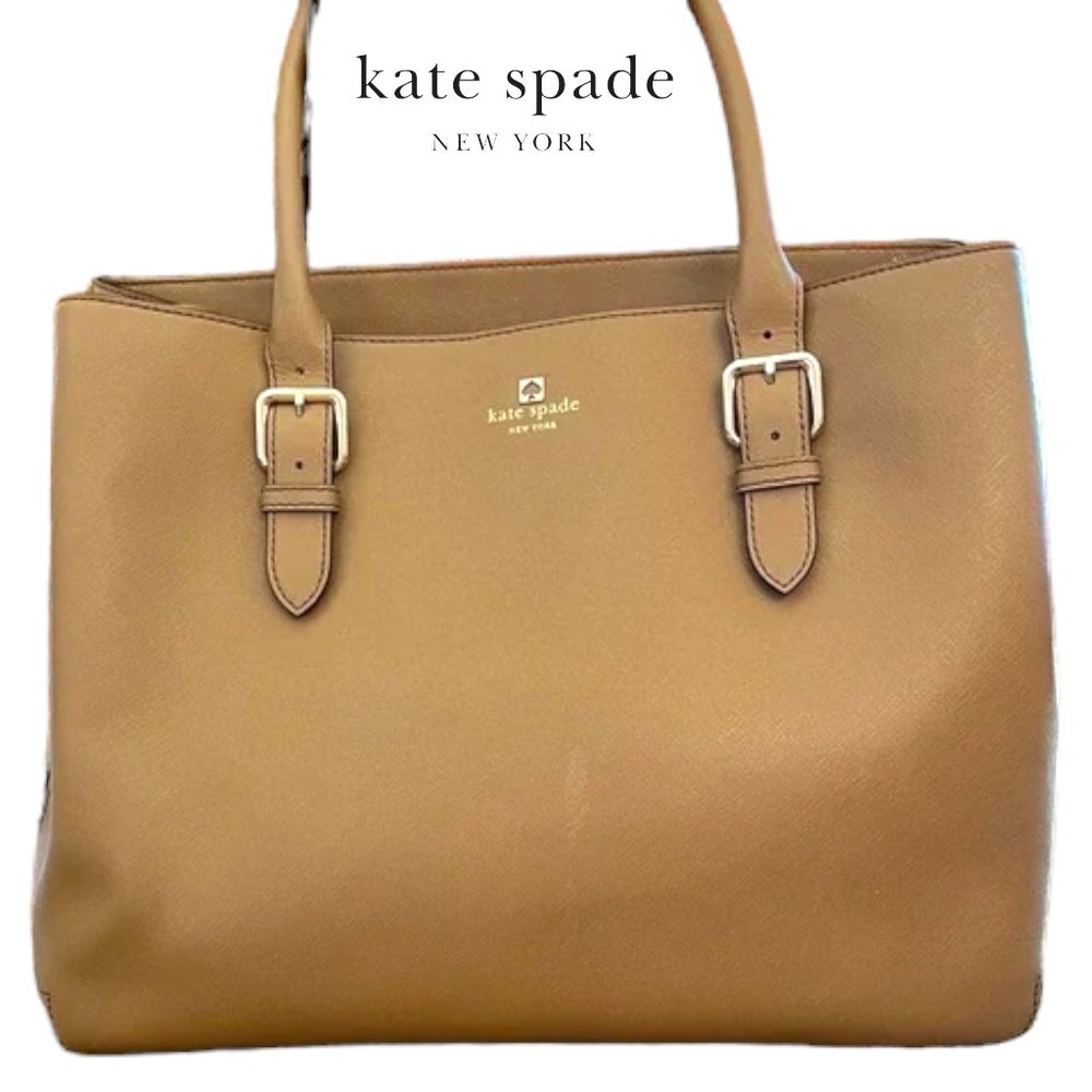 Kate Spade Camel Leather Tote Handbag 15” W 12” H x 6" D